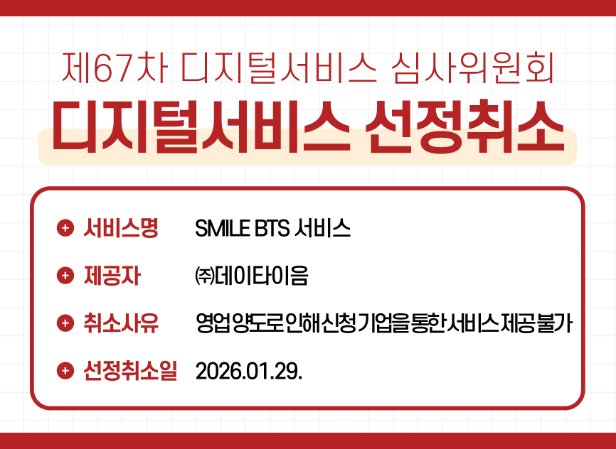2 제67차 디지털서비스 심사위원회 디지털서비스 선정취소 / ㈜데이타이음 - SMILE BTS 서비스 / 취소사유 : 영업 양도로 인하여 신청 기업을 통한 서비스 제공이 불가 / 선정취소일 : 2026.01.29.