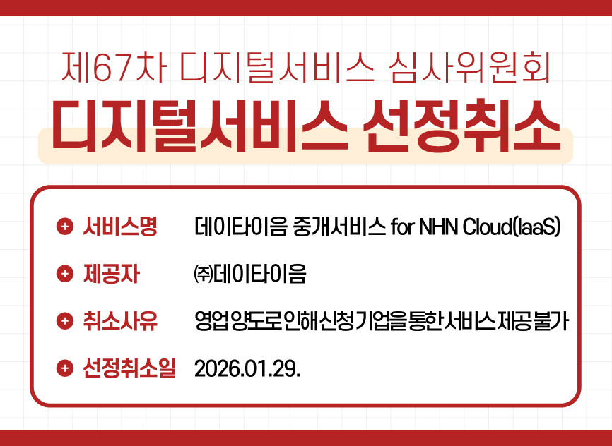 3 제67차 디지털서비스 심사위원회 디지털서비스 선정취소 / ㈜데이타이음 - 데이타이음 중개서비스 for NHN Cloud(IaaS) / 취소사유 : 영업 양도로 인하여 신청 기업을 통한 서비스 제공이 불가 / 선정취소일 : 2026.01.29.
