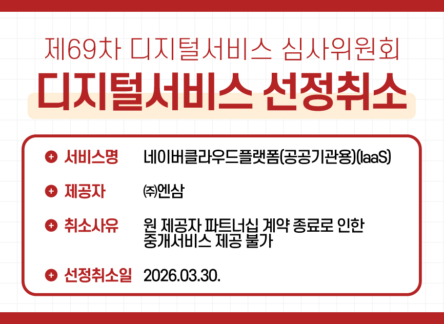 2 제69차 디지털서비스 심사위원회 디지털서비스 선정취소 / ㈜엔삼 – 네이버클라우드플랫폼(공공기관용)(IaaS) /  취소사유 : 원 제공자 파트너십 계약 종료로 인한 중개서비스 제공 불가 / 선정취소일 : 2026.03.30.