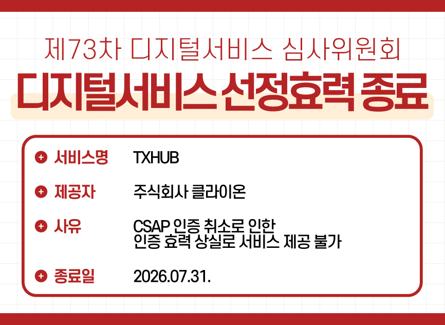 1 제73차 디지털서비스 심사위원회 디지털서비스 선정효력 종료 / 주식회사 클라이온 – TXHUB / 사유 : CSAP 인증 취소로 인한 인증 효력 상실로 서비스 제공 불가 / 종료일 : 2026.07.31.